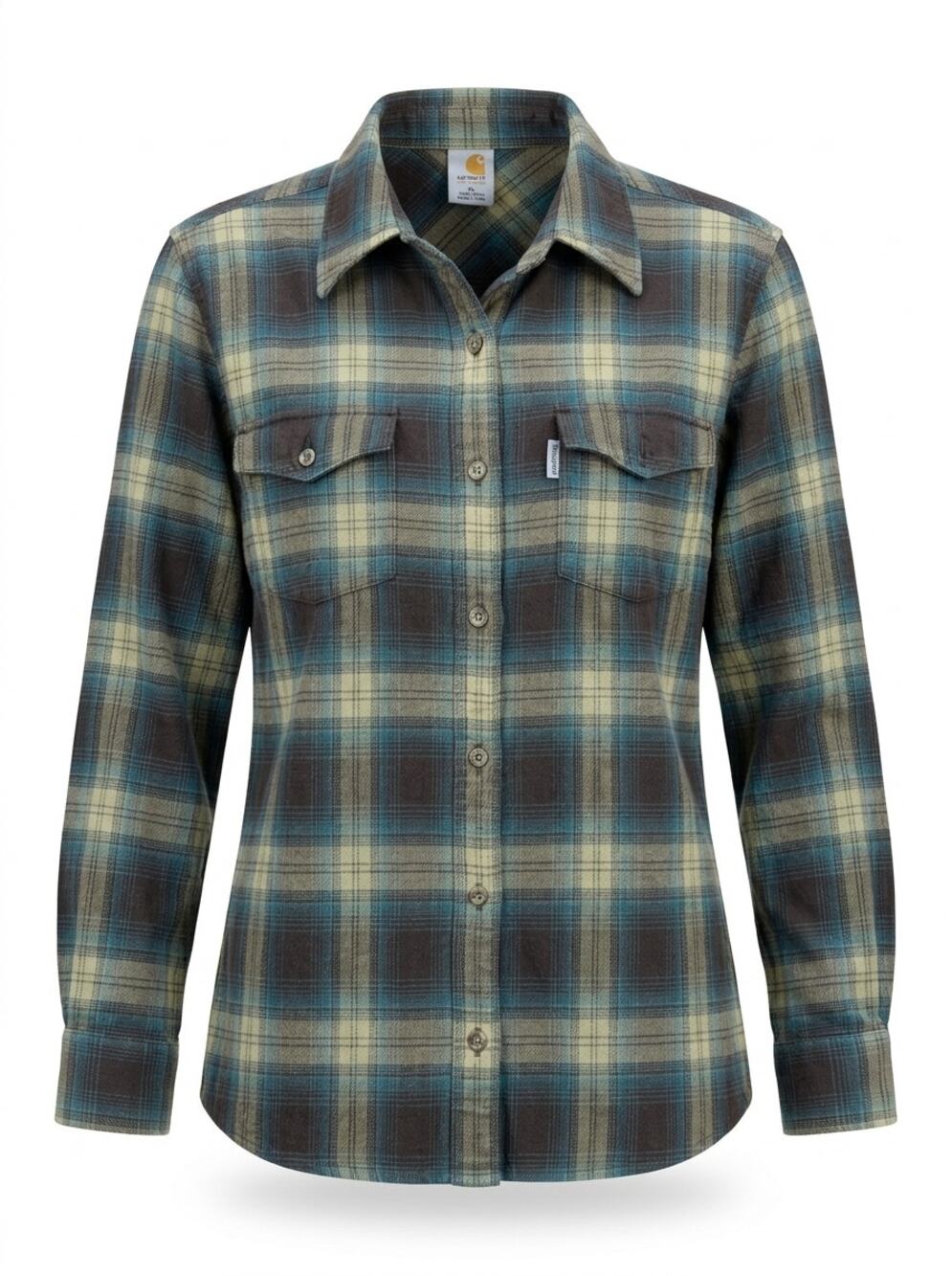 Carhartt Blue Pocket Green Plaid Flannel Button-Up Shirt Women Size XL
